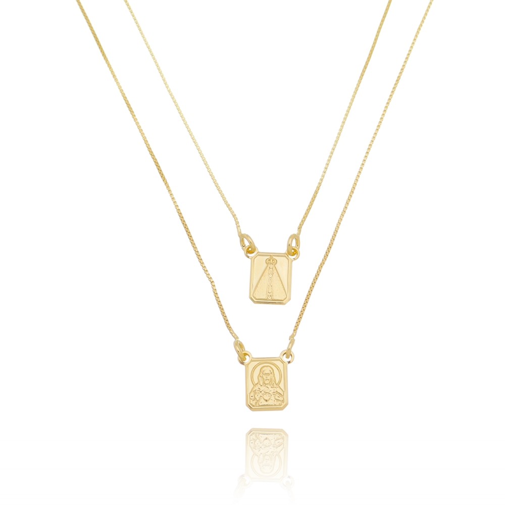 Colar Escapulário Nossa Senhora Aparecida e Sagrado Coração Folheado A Ouro 18k