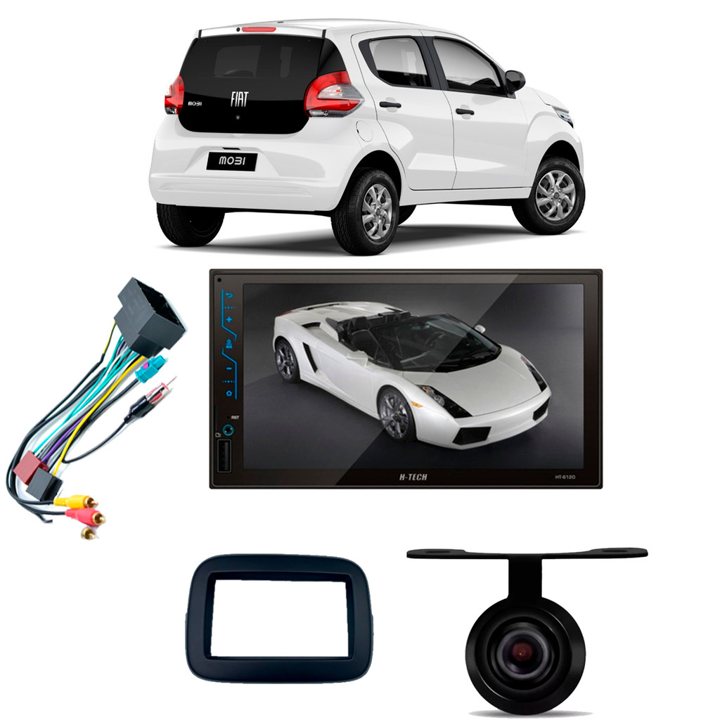 Kit Central Multimídia 7 pol HT-6120 Fiat Mobi 2016 a 2022 sem Som de Fábrica Moldura + Chicote + Câmera