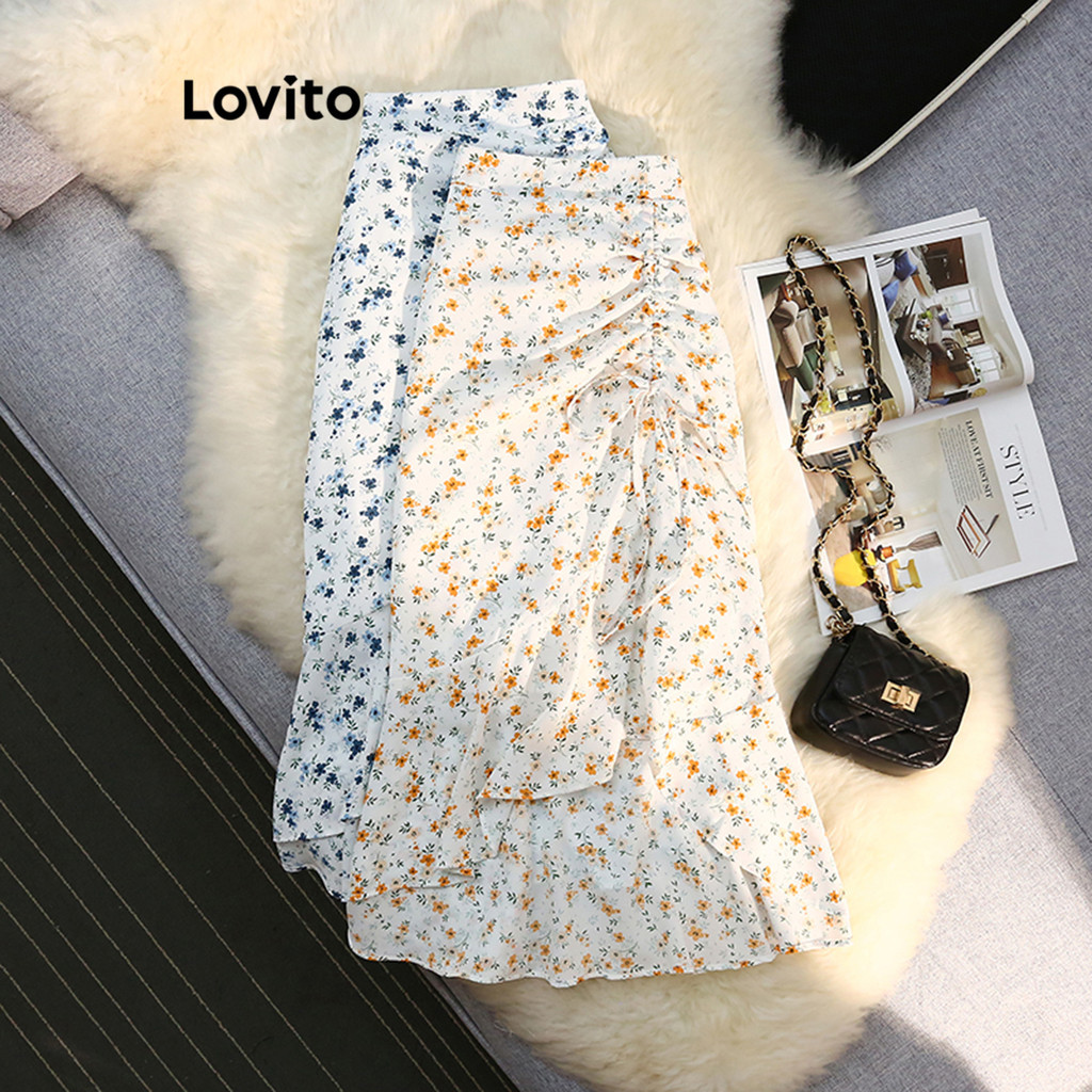 Lovito Saias Casuais Ditsy Floral Ruched Saias Para Mulheres LNL37115 (Multicolorido) em Oferta na Shopee