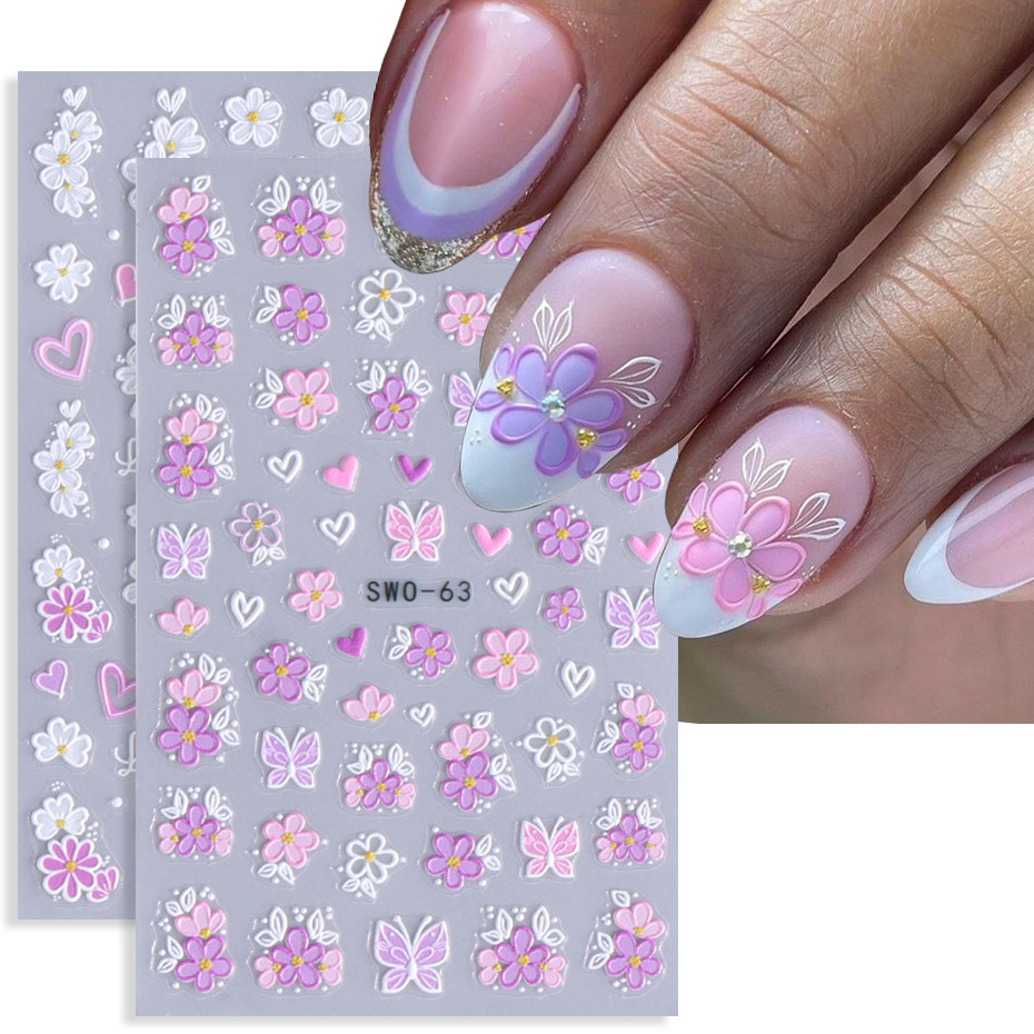 3D Flor Arte Do Prego Adesivos Rosa Roxo Pétala Floral Coração Borboleta Slider Decalques Primavera Elegante Decoração D
