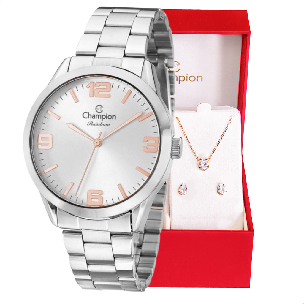Relógio Champion Feminino Prata Prova D´Agua + Kit de Brincos e Colar Mulher Esposa Barato CN29893Q em Oferta na Shopee