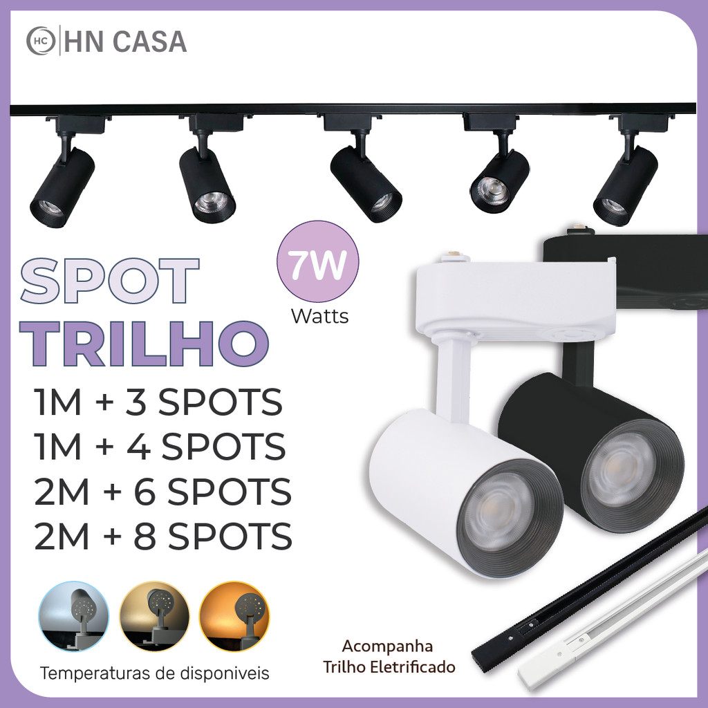 Trilho Spot LED 7W 360° para trilho eletrificado, luz branca, neutra e amarela, modelo econômico, bivolt 110V-220V.