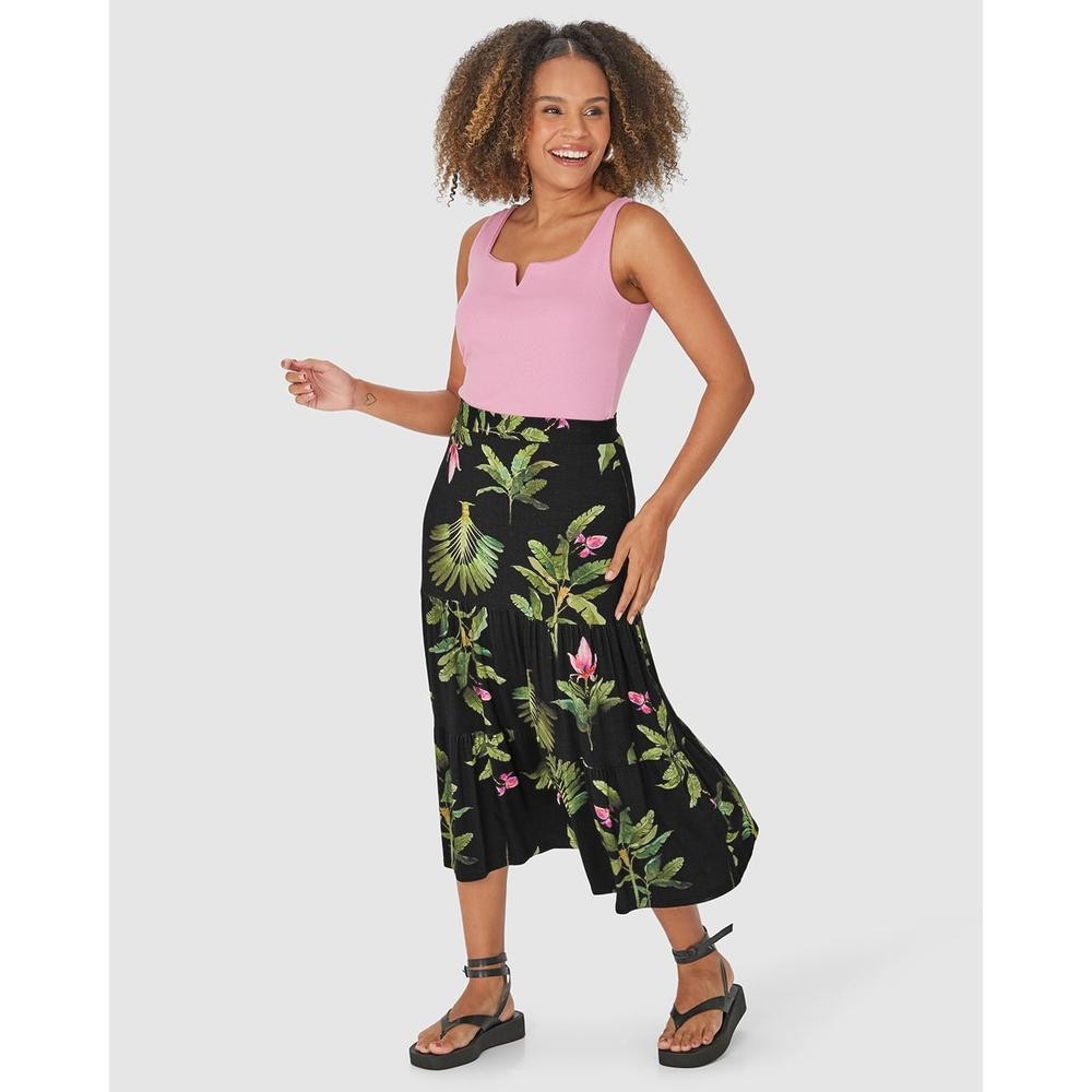 Saia Midi Feminina Marias Estampa Folhagem Em Viscose Stretch em Oferta na Shopee