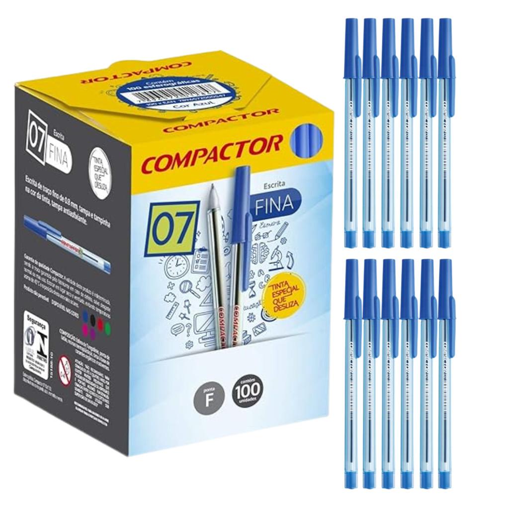Kit com 12 Canetas Azul Esferográficas Compactor Ponta Fina em Oferta na Shopee
