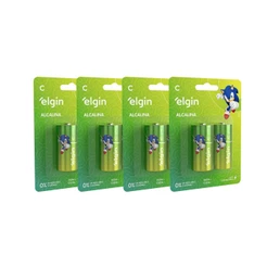 Kit 8 Pilhas Baterias Alcalina C LR14 Médio 4 Cartelas Elgin