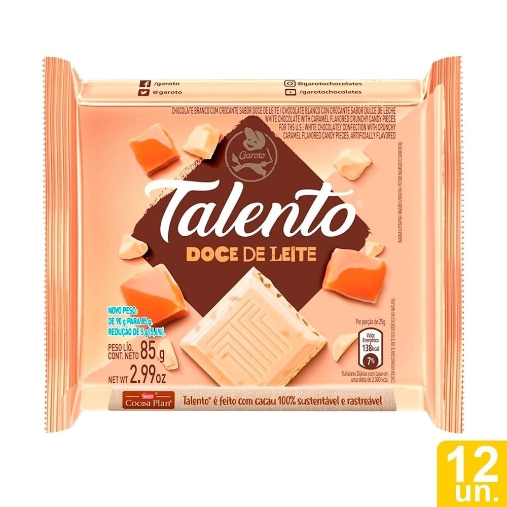 Chocolate Garoto Talento Branco Doce de Leite 85g - Embalagem com 12 Unidades - Food & Beverages