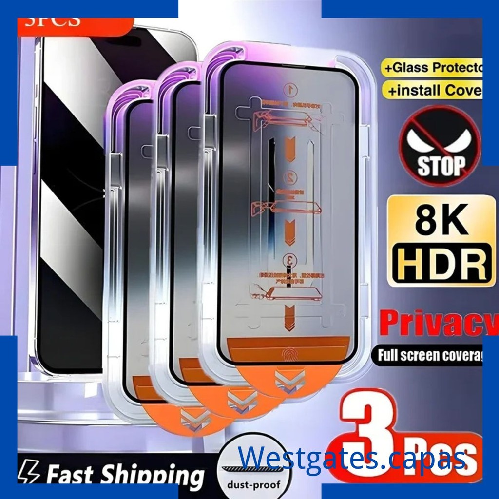 Pelicula privacidade com montagem fácil instalação de vidro para iPhone 13, 11, 12, 14, 15 16 17 Pro Max, XR,Plus, 3pcs
