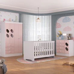 Quarto de Bebê Guarda Roupa 4 Portas 3 Gavetas Cômoda 4 Gavetas 1 Porta e Berço 3 em 1 Maya Rodial