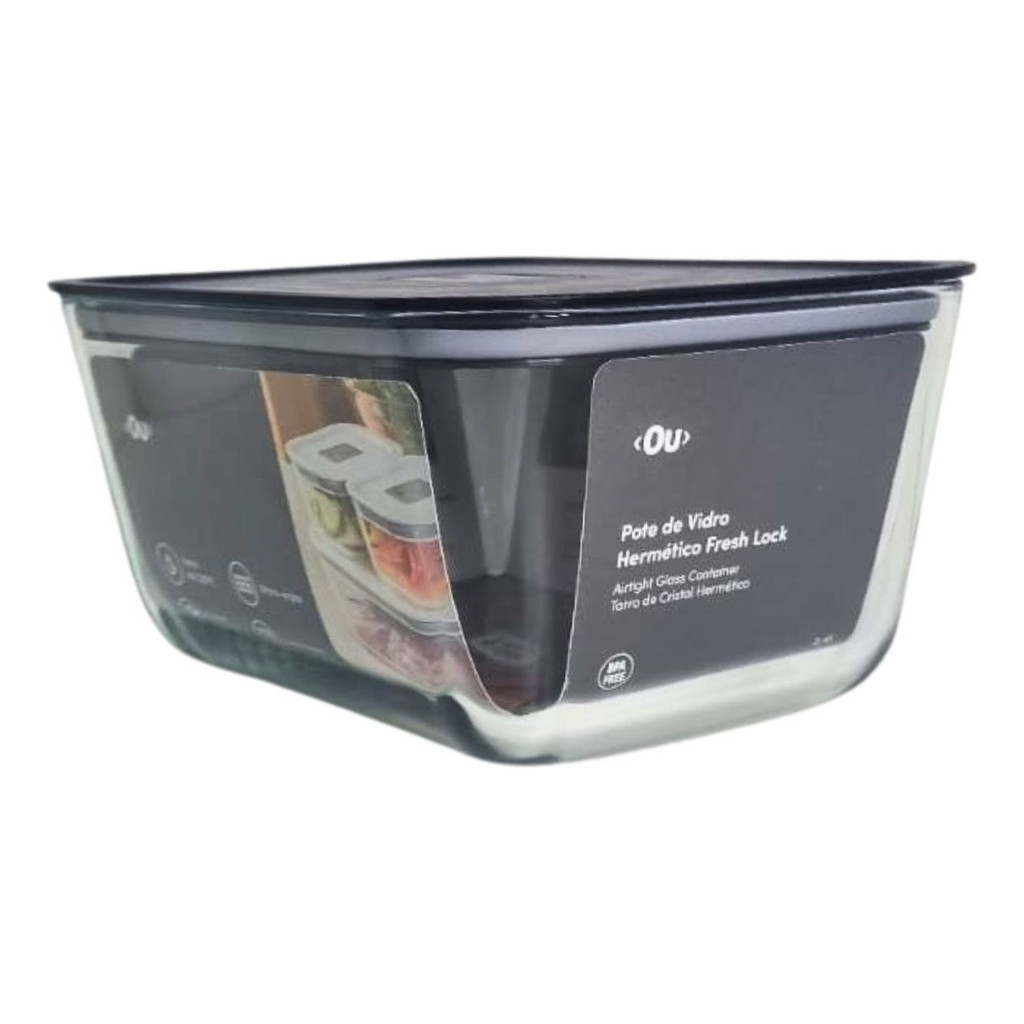 Assadeira  De Vidro Hermético Ou 2,4l Fresh Lock - Preto com tampa 2,4Litros