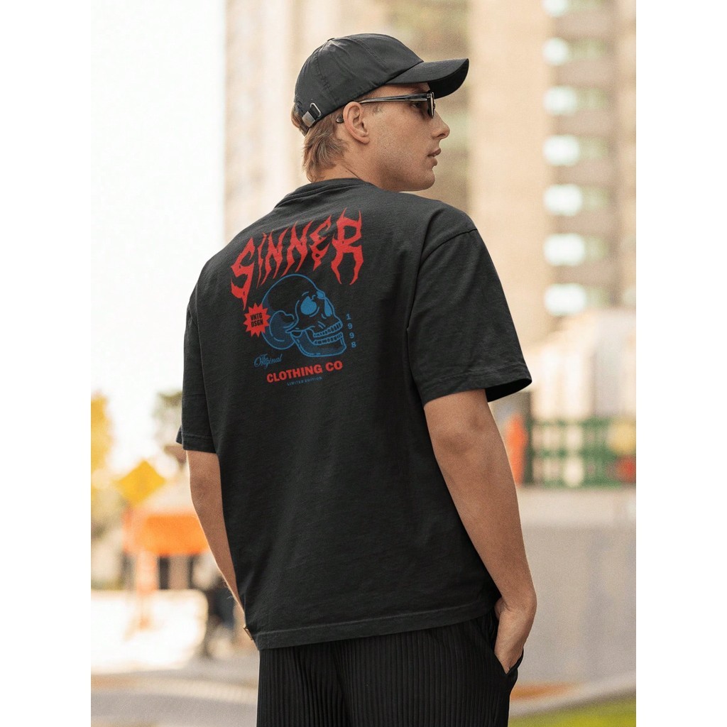 Camisa Camiseta Oversized Streetwear Masculino Algodão Estilo Urbano Treino Preto e Off Whte Estampado - SINNER