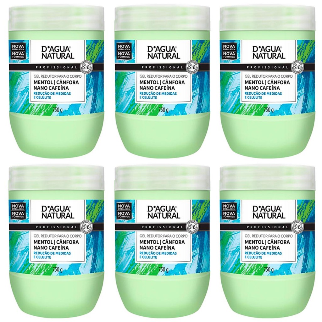 Imagem Kit 6 Potes Gel Redutor Dagua Natural Mentol Cânfora Nano Cafeína 750g Redução de Medidas Celulite