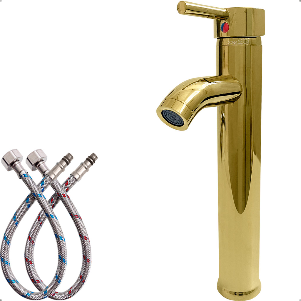 Torneira Banheiro Dourada Monocomando Inox 304 Cuba Sobrepor Bica Alta Misturador Quente Frio Lavabo