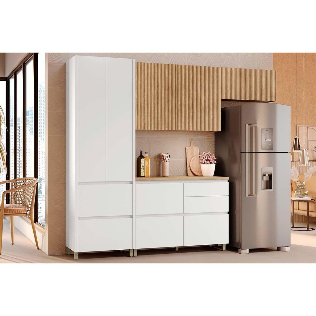 Cozinha Completa Rainha 4 Peças (2Aéreos+1Balcão+1Paneleiro) C4P158 Branca/Nature - Nesher - Home & Living