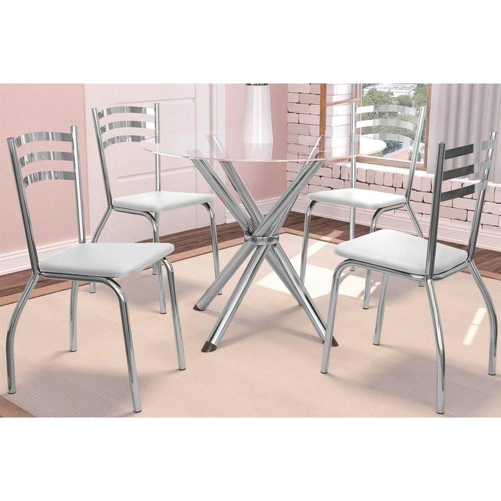 Sala de Jantar Completa Volga c/ Tampo de Vidro 95cm e 4 Cadeiras Portugal Cromada - Courano Branco - Kappesberg em Oferta na Shopee