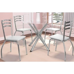 Sala de Jantar Completa Volga c/ Tampo de Vidro 95cm e 4 Cadeiras Portugal Cromada - Courano Branco - Kappesberg