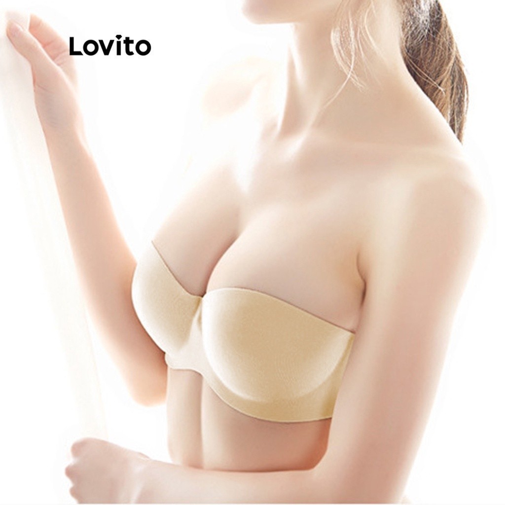 (Trendy) Lovito Bralette Liso Sem Alças Sem Costas Almofadas Removíveis Sem Fio Para Mulheres L344L016 (Preto/damasco) - Women Clothes