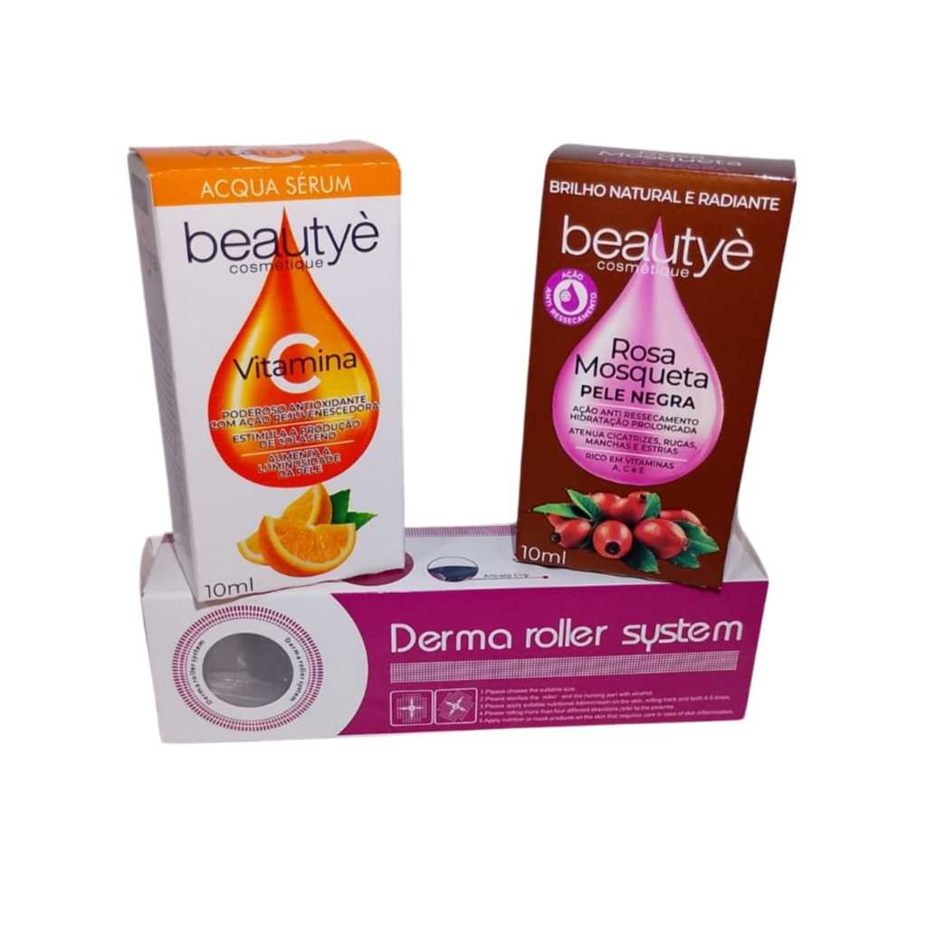 Kit SkinCare Pele Negra Beautyè - Vitamina C + Rosa Mosqueta 100% Pele Negra | 2x10ml + Dermaroller