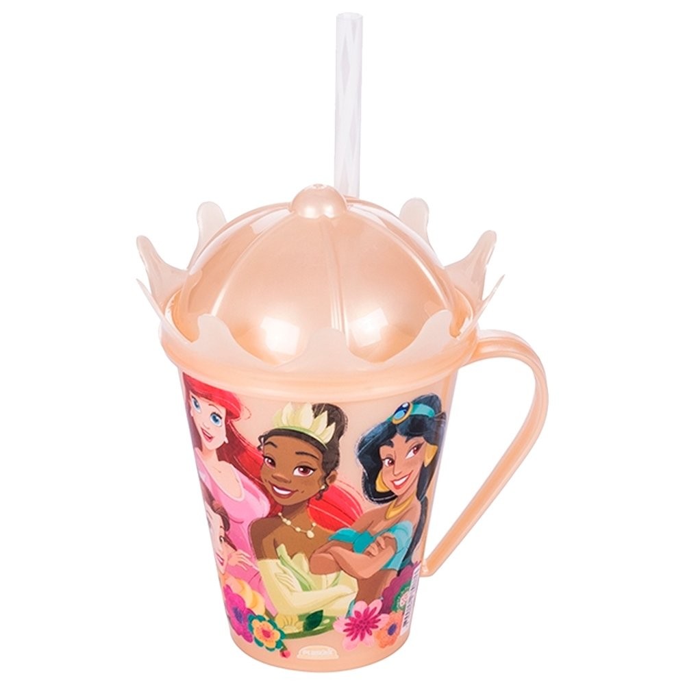 Caneca Plasútil Princesas com Tampa Coroa e Canudo 360ml - Embalagem com 12 Unidades em Oferta na Shopee