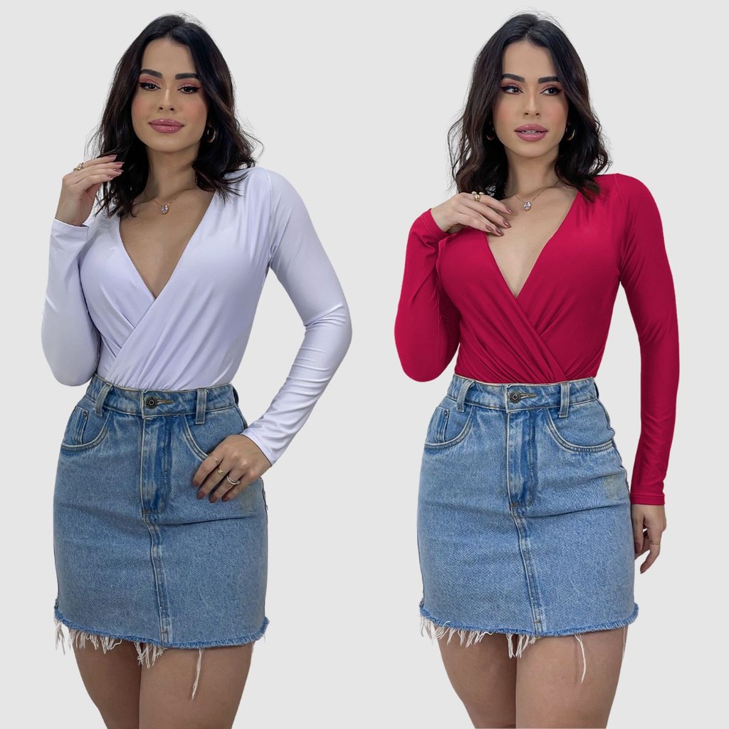Kit 2 Body Manga Longa Suplex Feminina Decotado Transpassado Luxo Presente