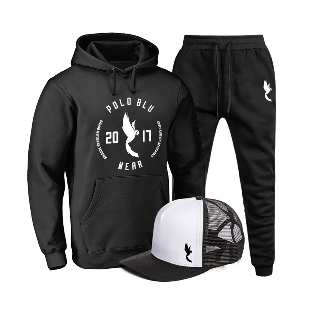 Conjunto Blusa Casaco Calça Moleton Boné Confortável Preto Exclusivo