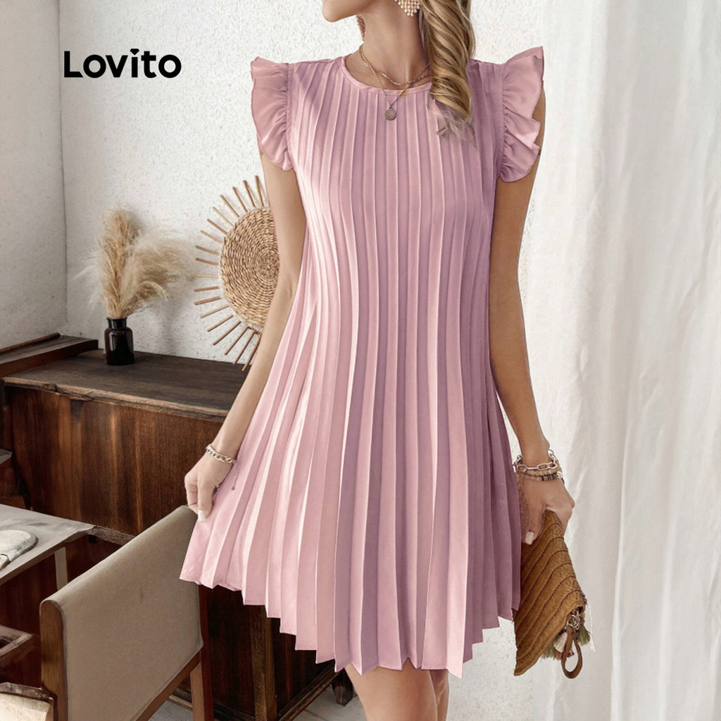 (Trendy) Lovito Vestido elegante liso plissado para mulheres L131ED790 em Oferta na Shopee