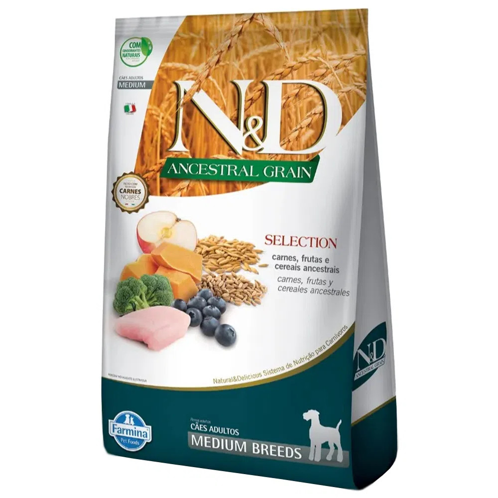 Ração N&D Ancestral Grain Selection Cães Grãos Médios 15kg Carne, Frutas e Cereais Alimento Completo - PRODUTO ORIGINAL