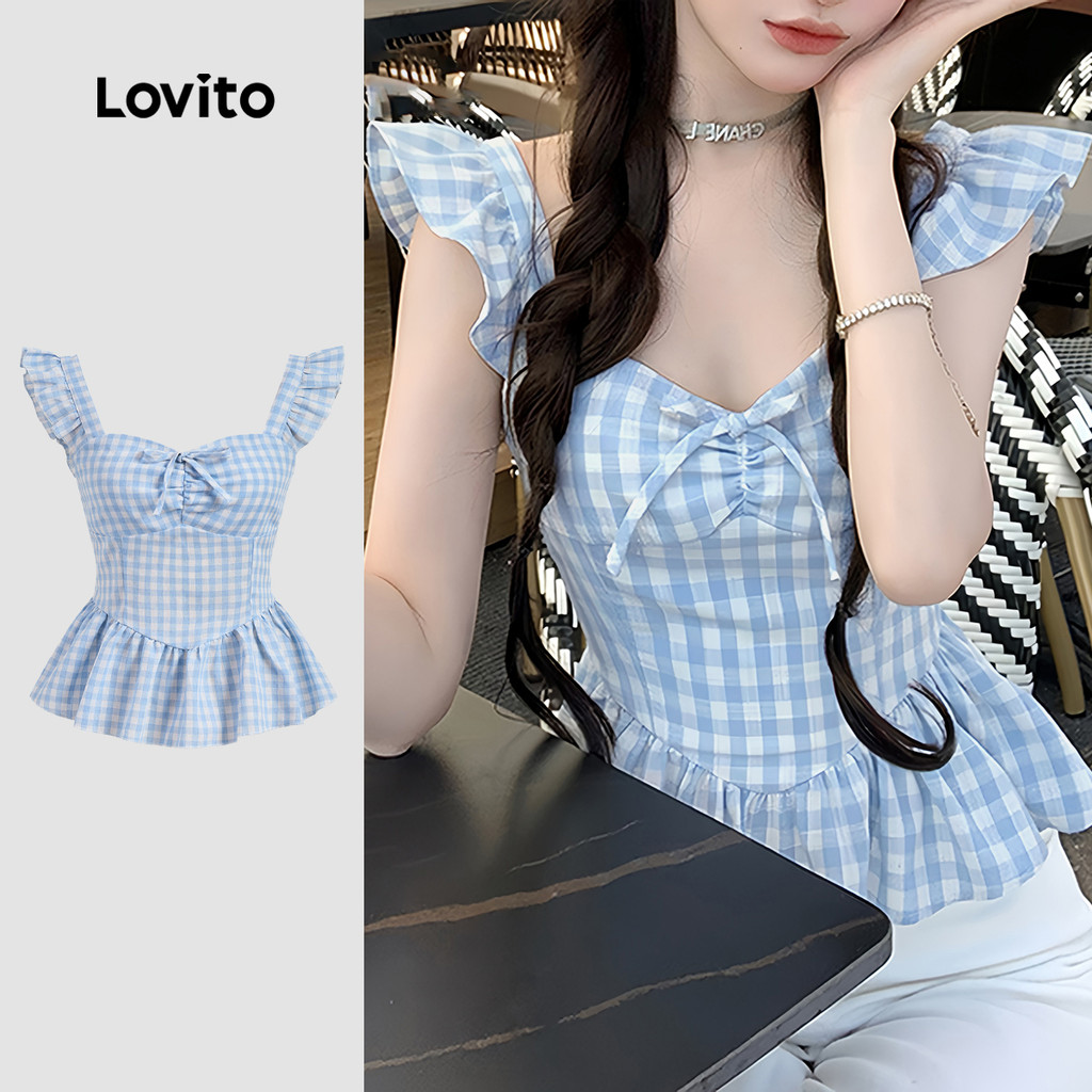 Lovito Blusa Casual com babados e laço Gingham para mulheres L133AD505 em Oferta na Shopee