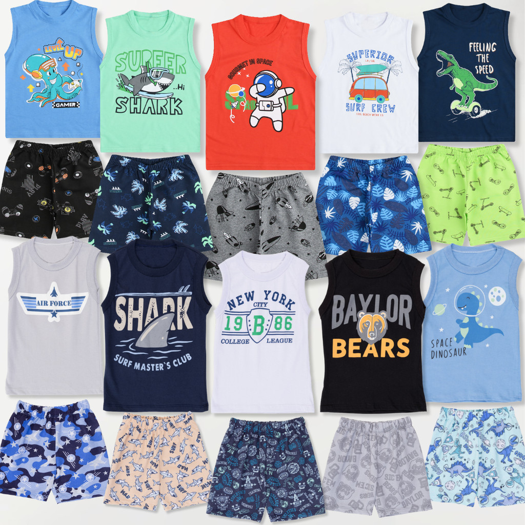 Kit 10 Peças Roupa Infantil Verão Menino - 5 Conjunto Regata Calor Moletinho Criança e Bebe Masculino 5 Camiseta 5 Short em Oferta na Shopee
