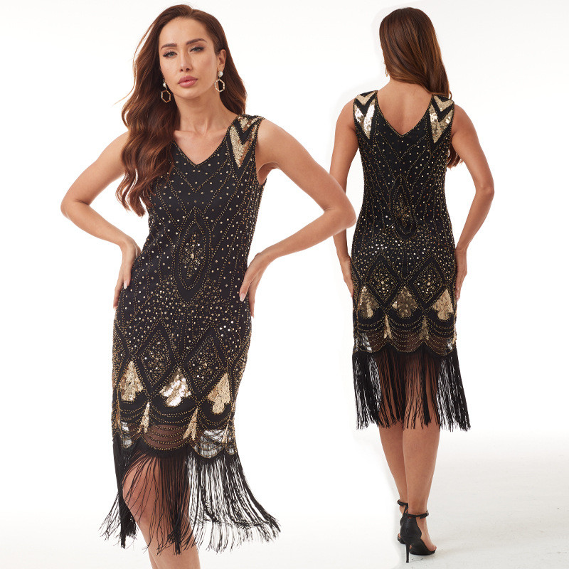 Vestidos De Lantejoulas Vintage Com Franjas E Decote Em V Noite