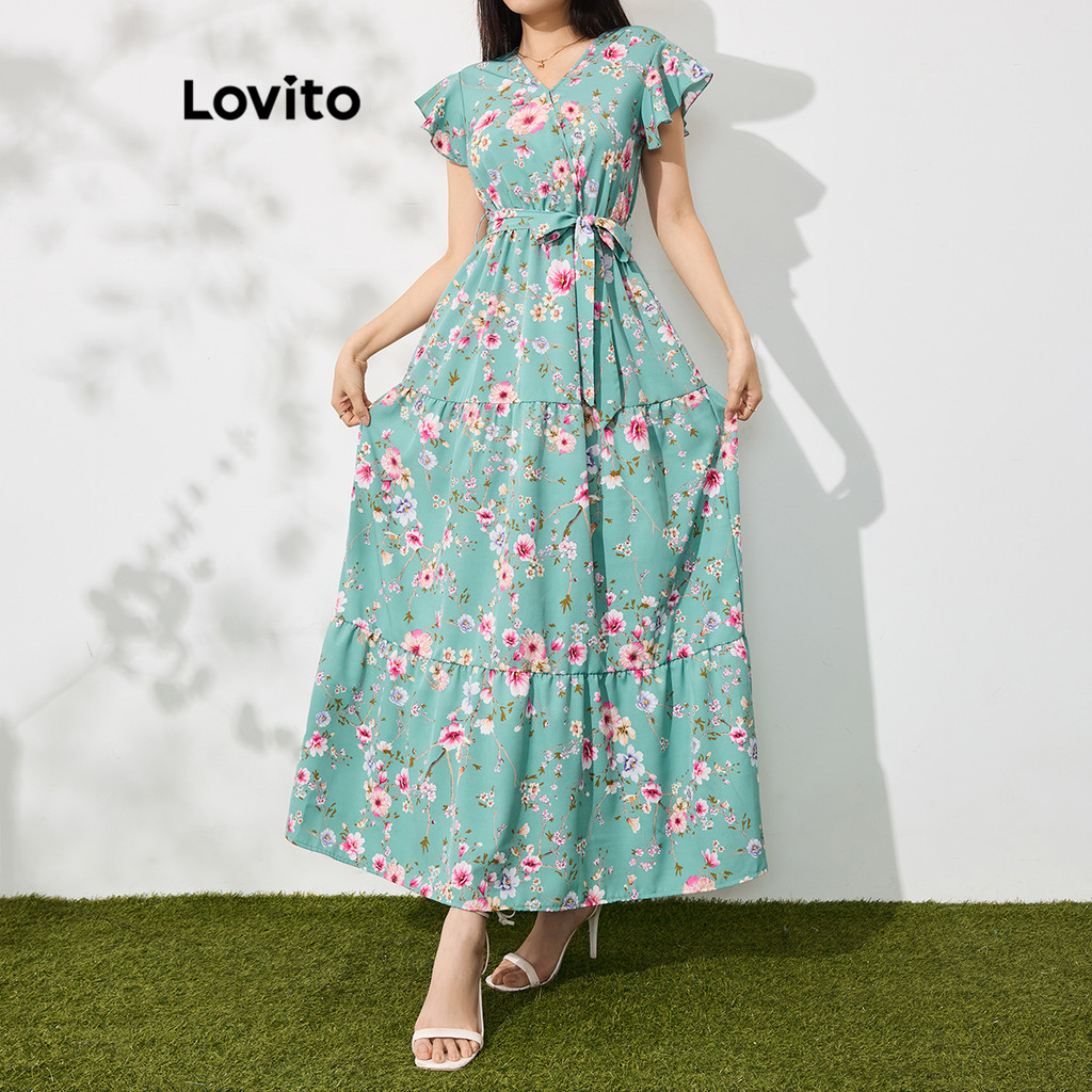 Lovito Vestido casual com babados florais Ditsy para mulheres L109MD126
