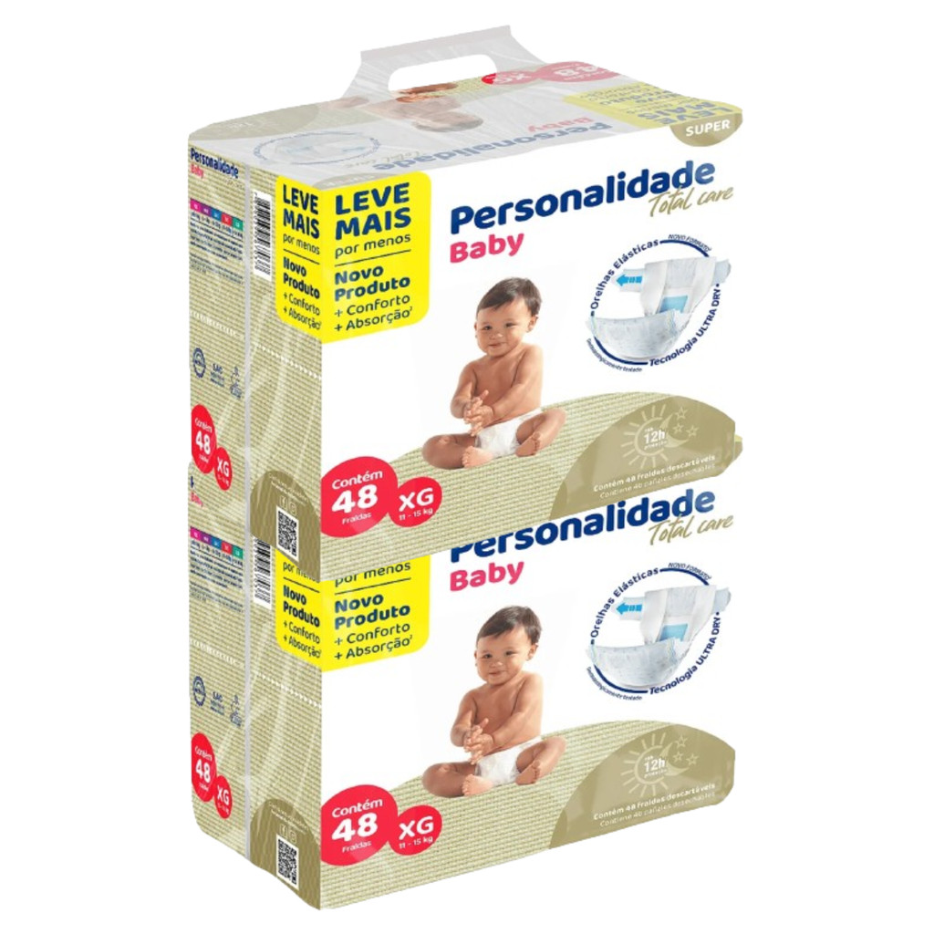 Kit 2 Fralda Descartável Infantil Personalidade Baby Total Care Bag - Tam XG - Total 96 Unidades