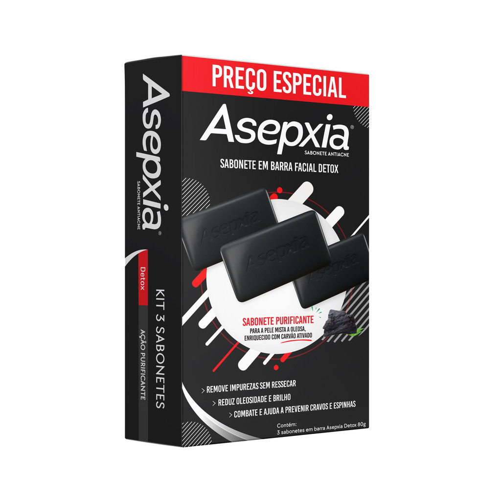 Asepxia Detox Sabonete Barra Kit 3un - 80g