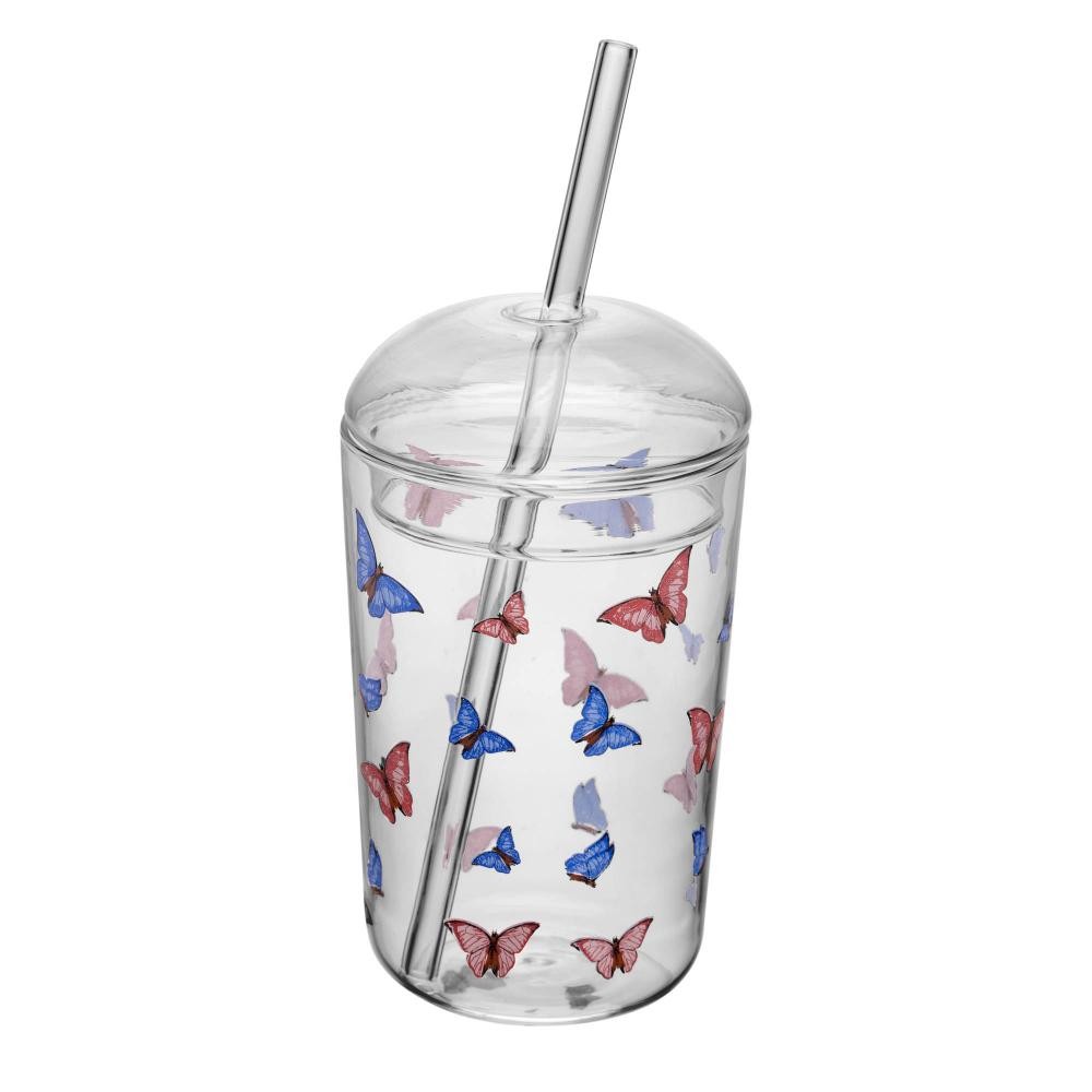 Copo Wolff Butterfly de Vidro com Tampa e Canudo 450ml - Home & Living