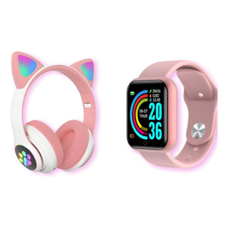 Fone De Ouvido Gatinho Led Bluetooth + Relógio Smartwatch Unissex em Oferta na Shopee