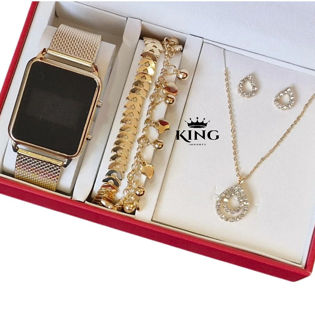 Relógio Feminino Digital de Led + Colar Brincos Folheado Ouro + Pulseira Feminina com Caixa - Presente dia dos namorados em Oferta na Shopee