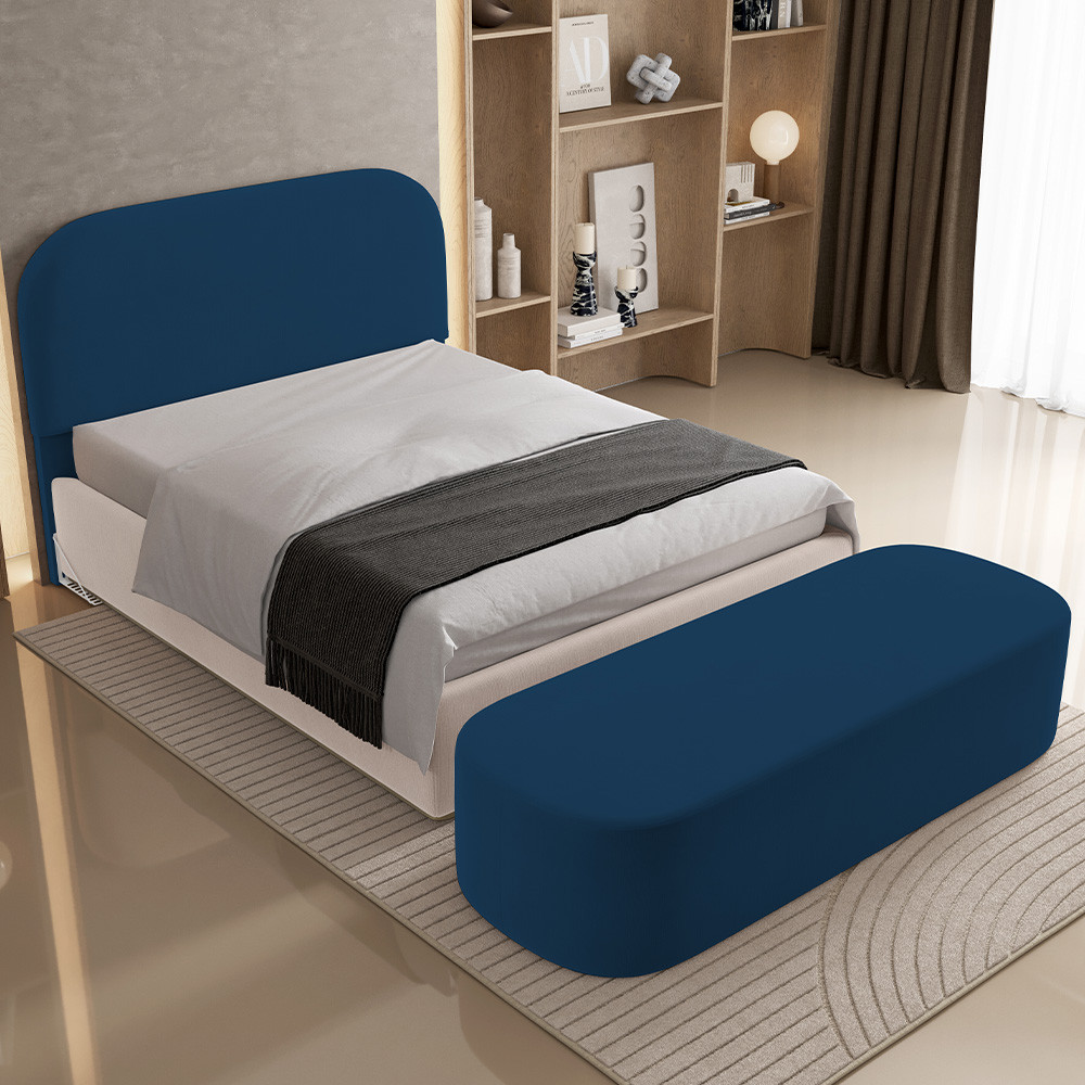 Cabeceira Cama Box Queen 160cm Lanna com Puff Recamier Doha W01  Suede Azul Marinho - Lyam Decor