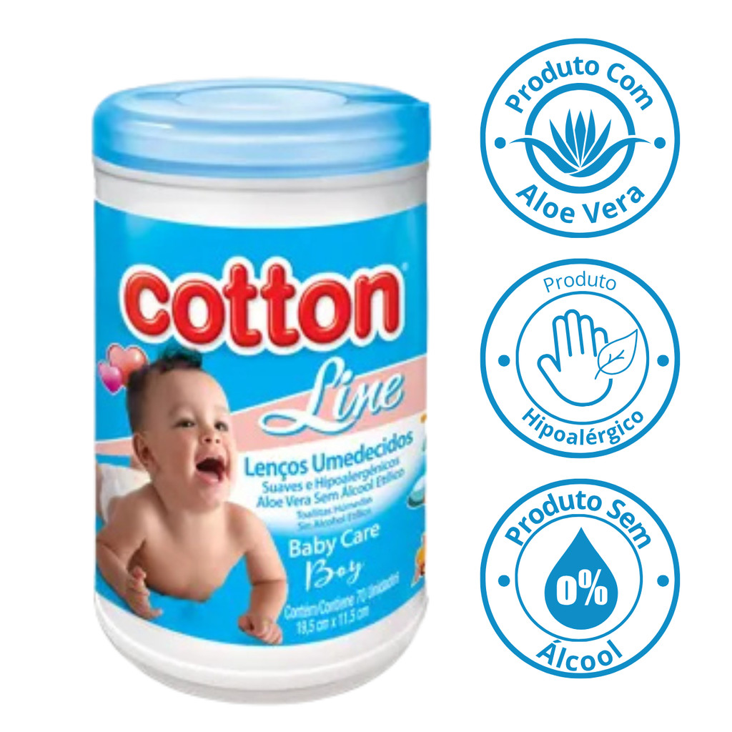 Lenço Umedecido Toalhas Cotton Baby Azul Hipoalérgicas Pote Com 70 Toalhas Variação com até 5 Potes