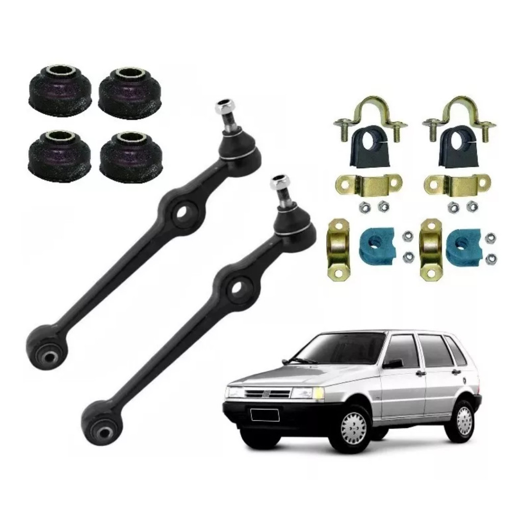 Kit 02 Braços + 04 Buchas Pneuzinho + 04 Kit da Barra (int + Ext) Uno 1991/ ...