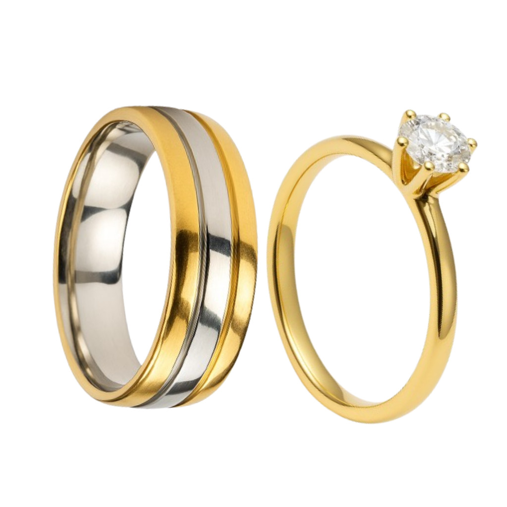 Aliança Ouro 18k  6mm Bodas Friso Prata Luxo + Anel Solitário Ouro 2mm Pedra Zircônia Luxo