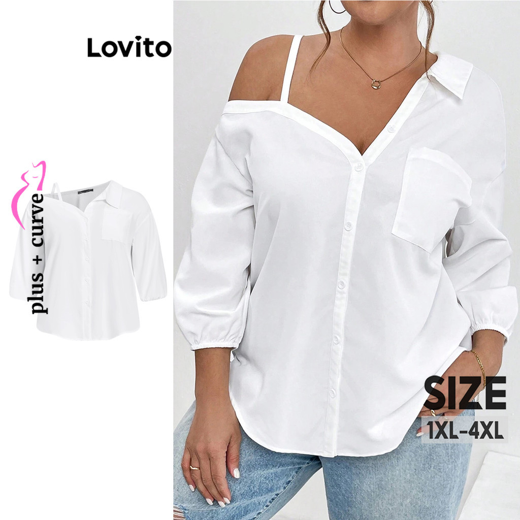 Lovito Blusa plus size curva casual lisa assimétrica com botão de bolso para mulheres LBL1...