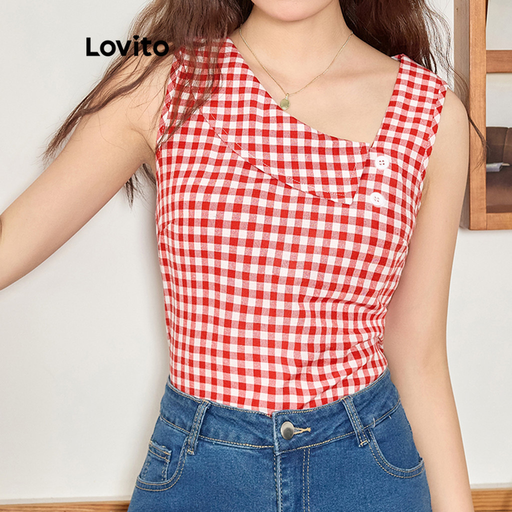 Lovito Regata Assimétrica Xadrez Casual Para Mulheres L108ED017 em Oferta na Shopee