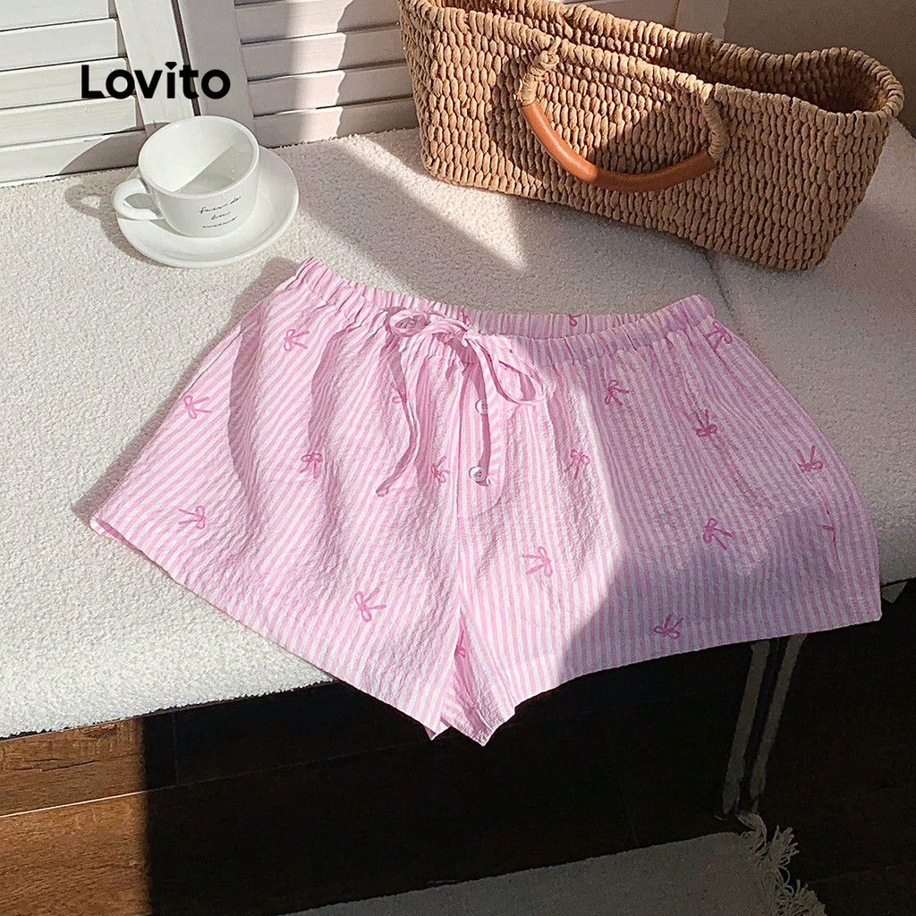 Detalhes do Lovito Shorts Feminino Casual Listrado Com Cadarço E Tecido Texturizado Verão/primavera L133AD425