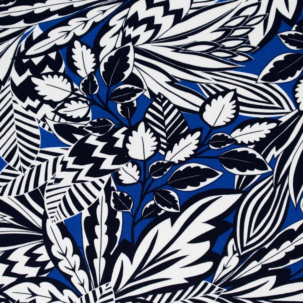 Crepe Larissa Estampado Folhagens da Selva Azul Para Vestido Feminino Blusa Feminino Roupas Femininas