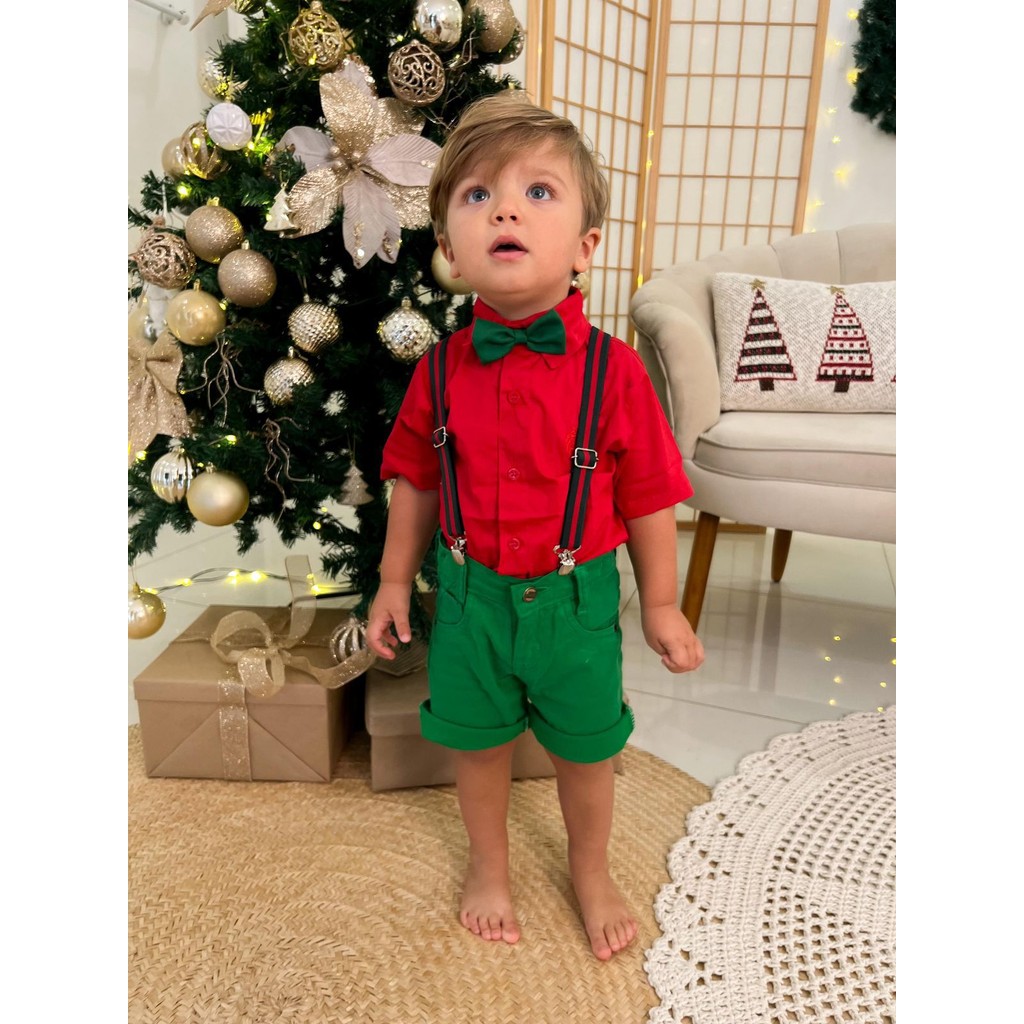 Conjunto Bermuda Verde Suspensorio Camisa Vermelha Gravata Borboleta Natal Infantil