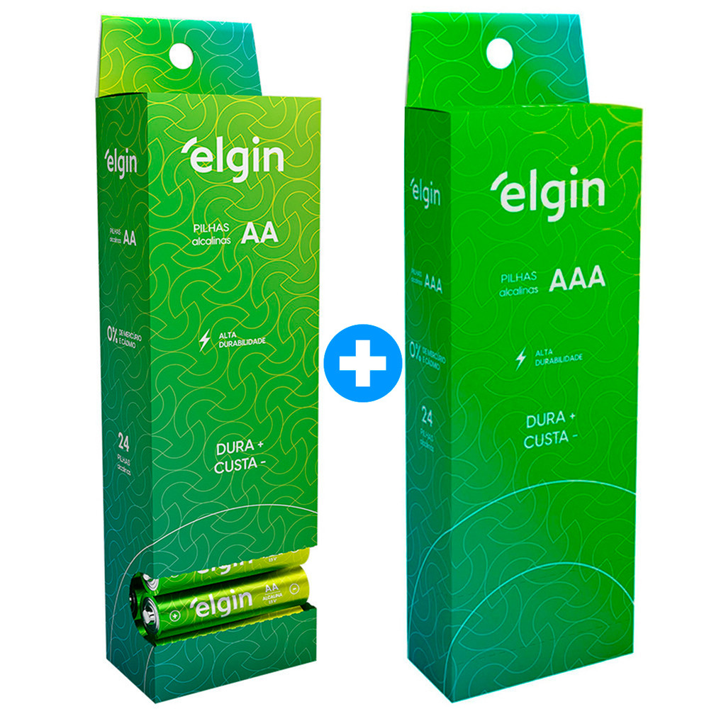 48 Pilhas Elgin Alcalina AA Comum ou AAA Palito 2 Tubos Com 24 Unidades