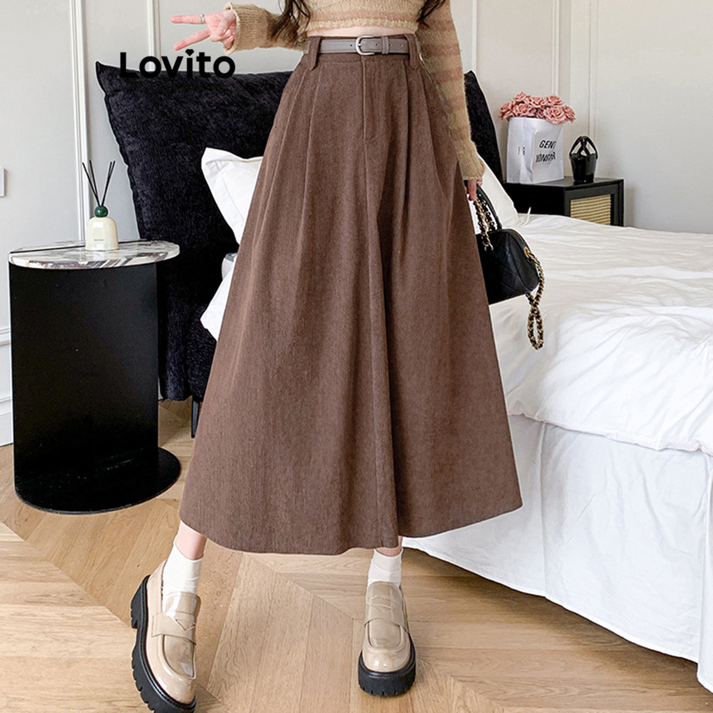 (Trendy) Lovito Saias Casuais Saias Lisas Para Mulheres LNE33239 (Marrom/Preto) - Women Clothes