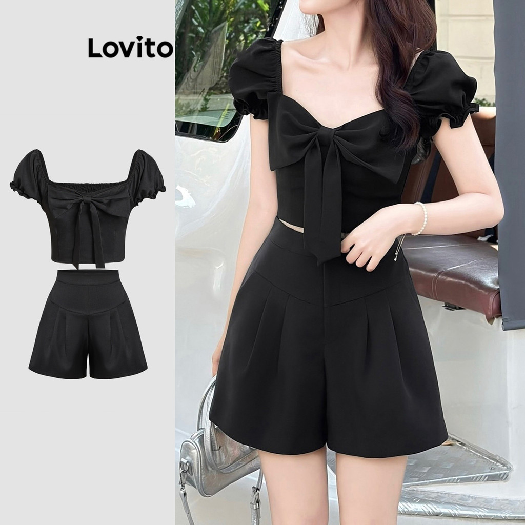 Lovito Conjuntos De Shorts Casuais Com Bolso E Laço Liso Para Mulheres L112ED723 - Women Clothes