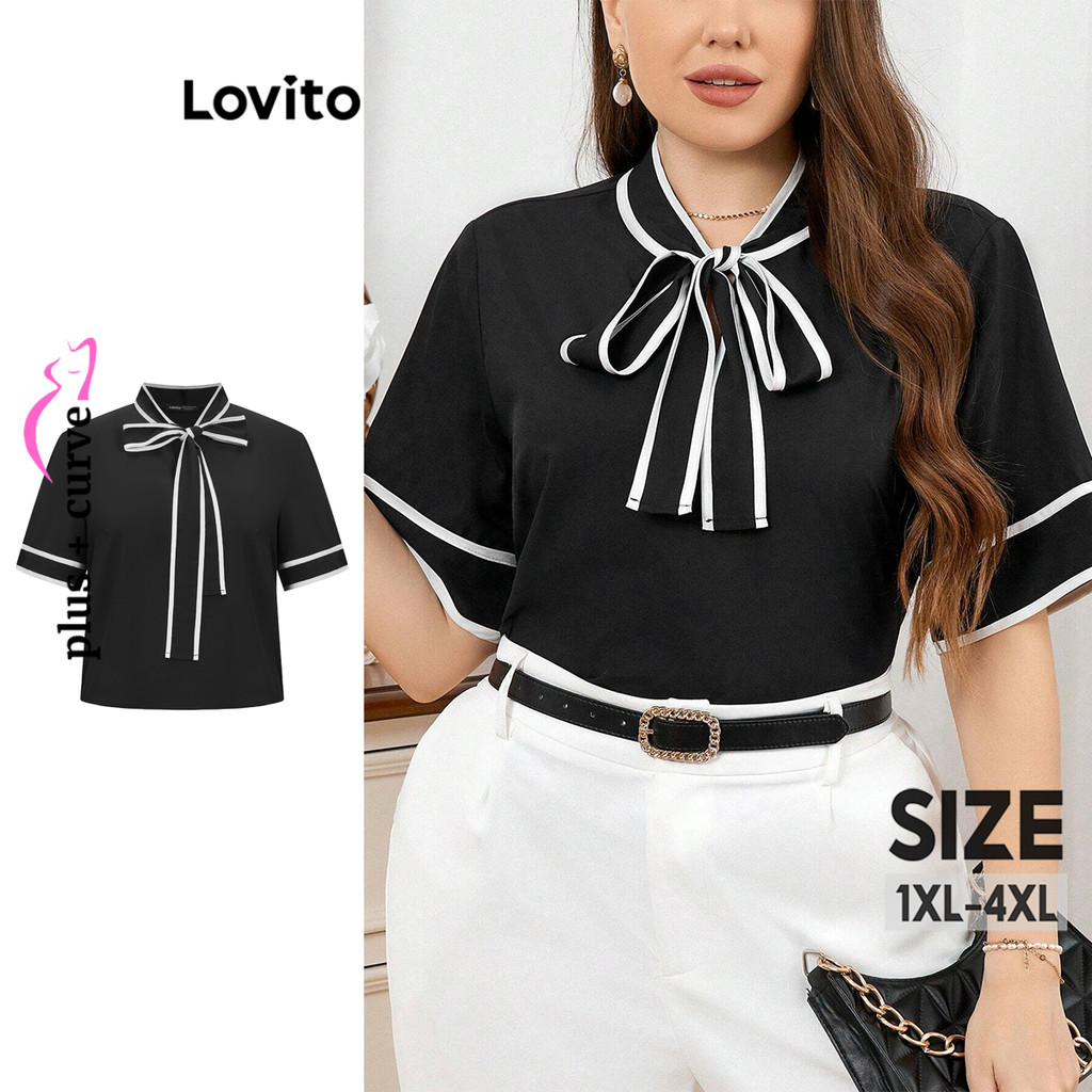 Lovito Blusa Curva Plus Size Elegante Com Gravata Lisa E Gola Contrastante Para Mulheres LBL15154 - Women Clothes