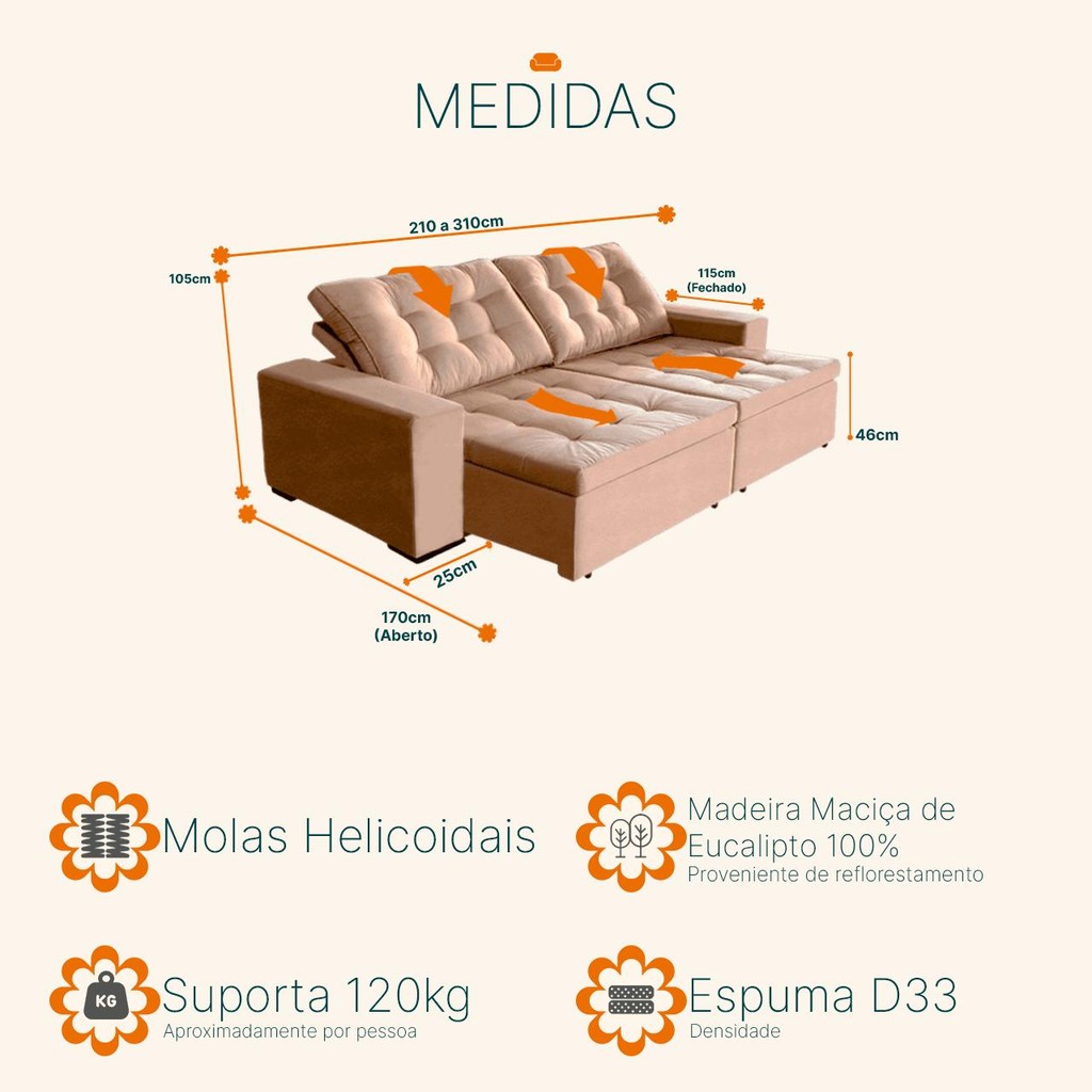 Sofá Retrátil e Reclinável 3,10m Suede Tunísia Marrom Castor · foto 2