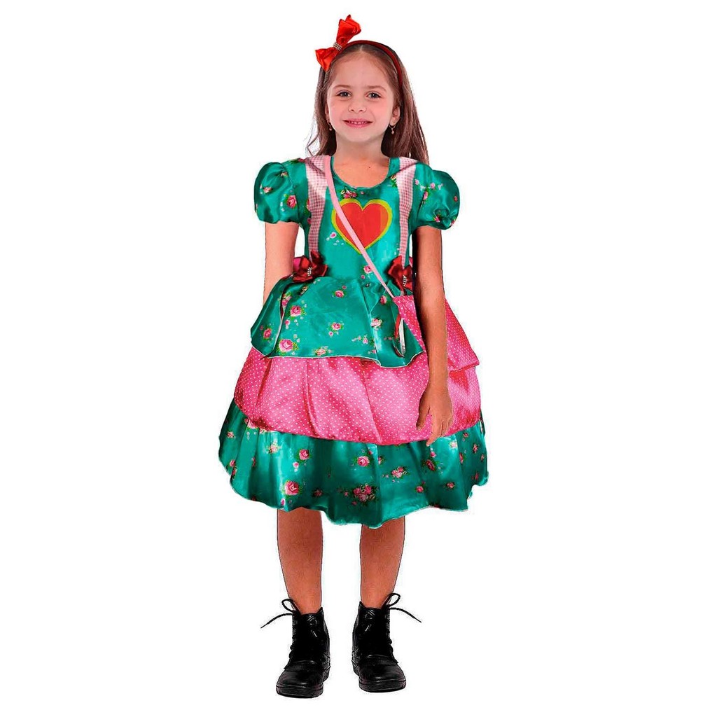 Vestido Festa Junina Infantil Feminino Coração Florido Com Bolsa e Tiara